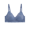 Product photo of a blue bra with lace details