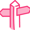 Simply drawn icon image of a signpost, in pink with a red outline. The signpost points east and west, representing a person's freedom of choice.