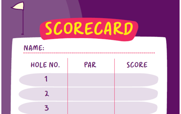 Image of our golf scorecard, which includes the words "scorecard" written in capital letters, with a yellow font, on a pink and purple background. Hole numbers 1,2 and 3 are shown, along with a column for par and a column for the score.