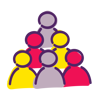 A simple graphic of 6 people in pink, purple and yellow to represent the diversity of Breast Cancer Voices