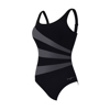 Product photo of a black and grey Zoggs swimming costume with straps and a scooped back