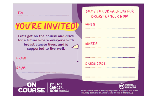 Image of our Golf Day invite card, which includes large lettering in purple on a pink background. It states: "You're invited" in capital letters. 