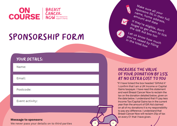 An image of the top half of the Breast Cancer Now golf sponsorship form. The form has a white and pink background, and the main "sponsorship form" words are in purple. There is a small illustration of a golf buggy at the bottom of the image.