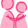 Simple icon drawing of 2 people hugging. The image is pink with red outlines.